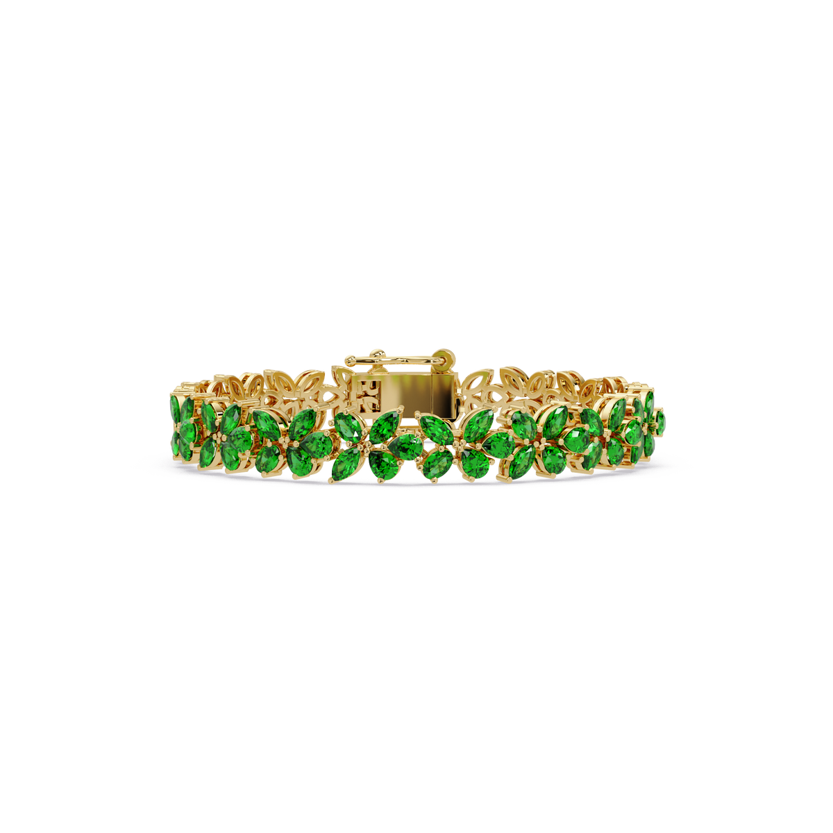 Mixed-shape emerald green colorstone tennis bracelet in yellow gold