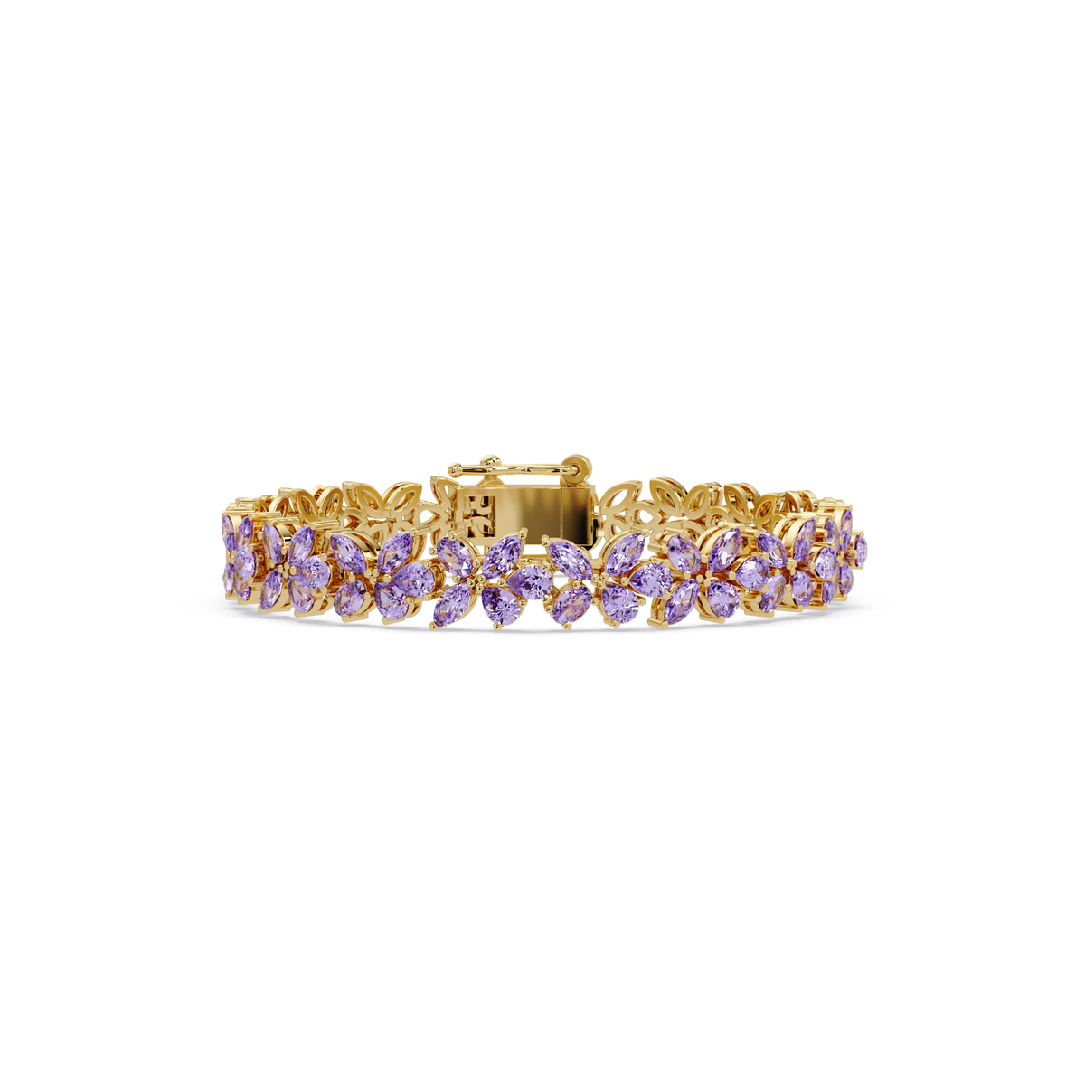 Mixed-shape amethyst purple colorstone tennis bracelet in yellow gold
