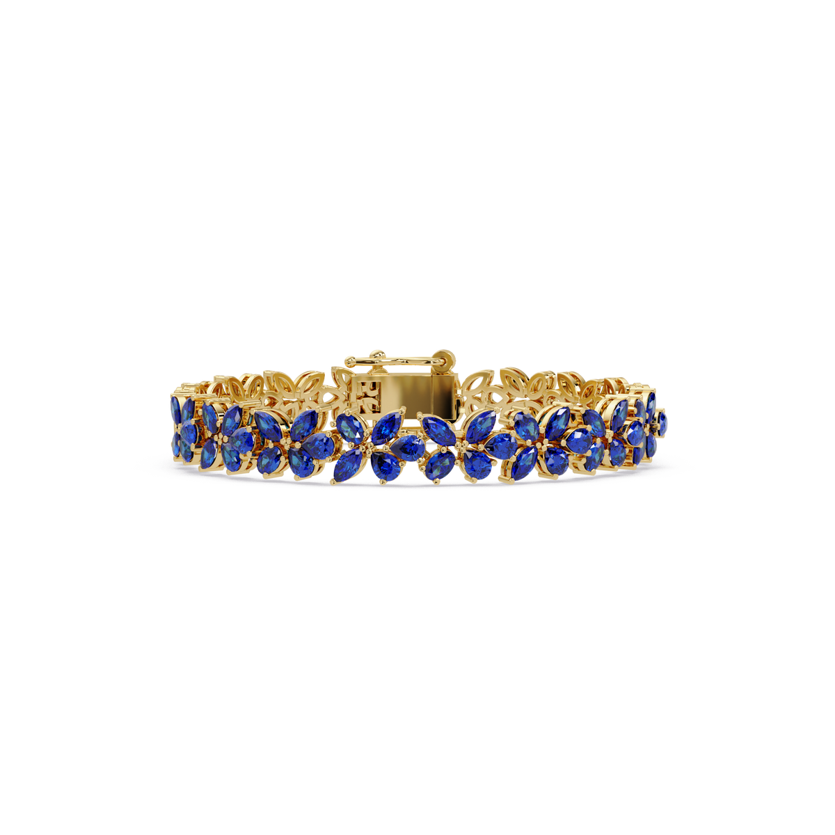 Mixed-shape sapphire blue colorstone tennis bracelet in yellow gold