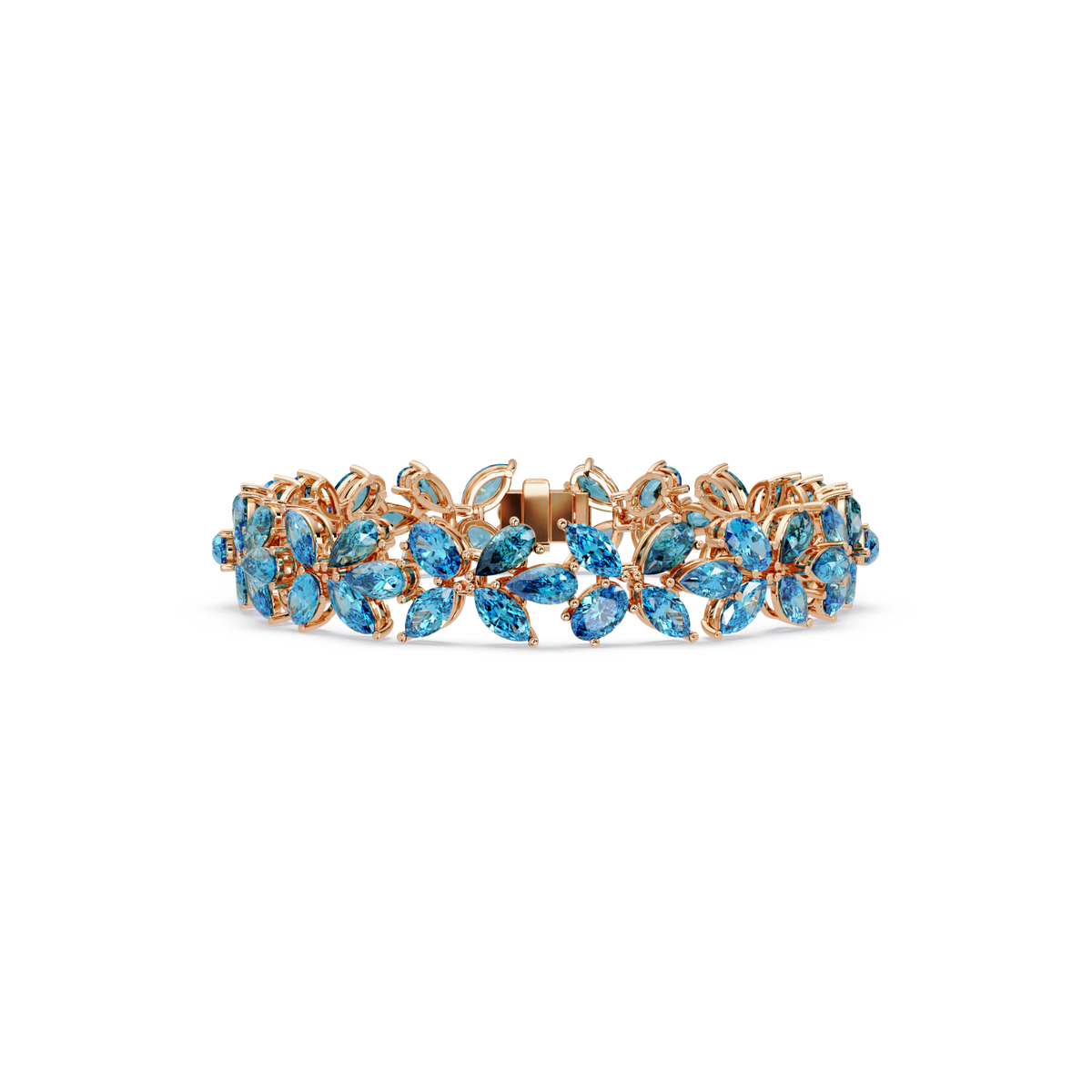 Mixed-shape aquamarine blue colorstone tennis bracelet in rose gold