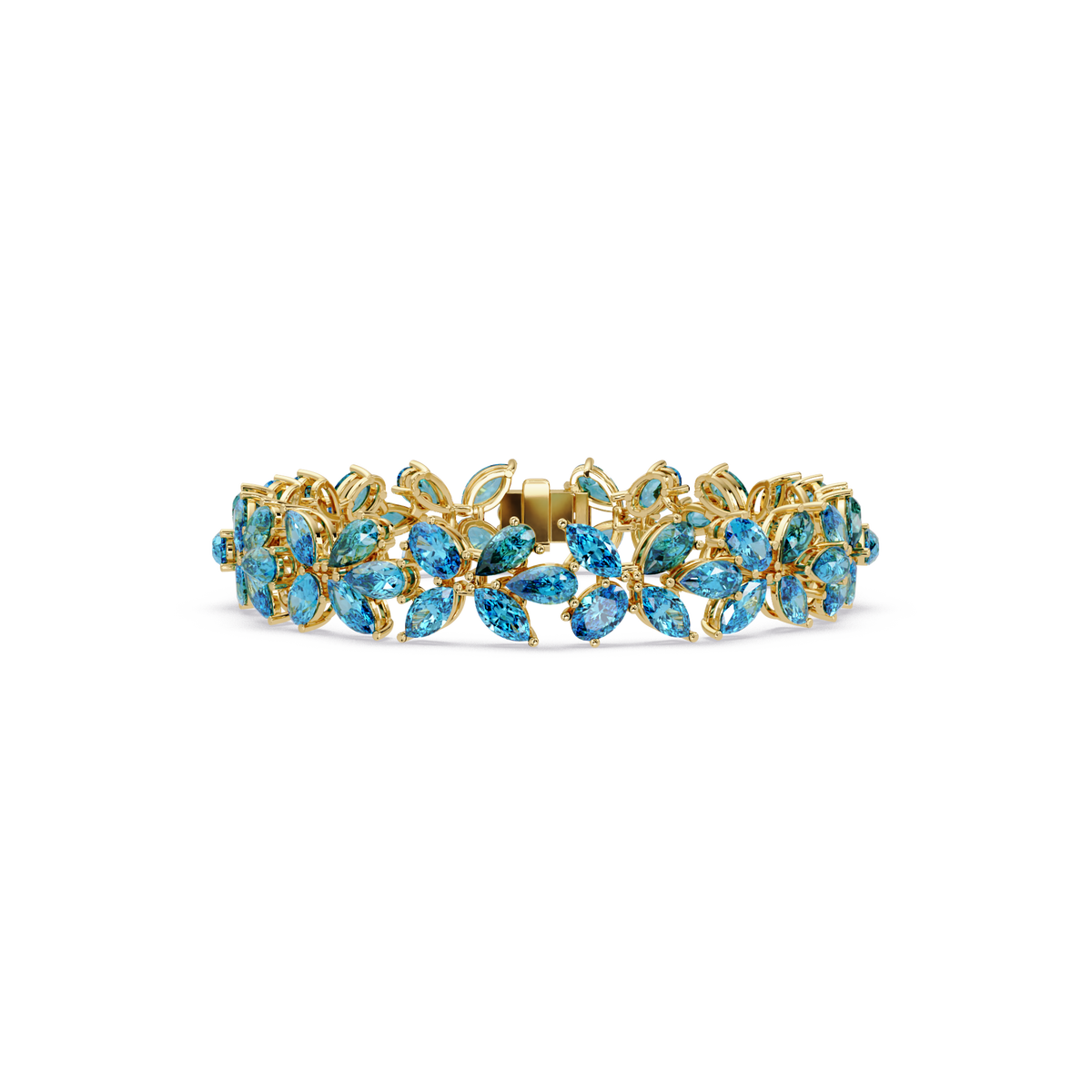 Mixed-shape aquamarine blue colorstone tennis bracelet in yellow gold