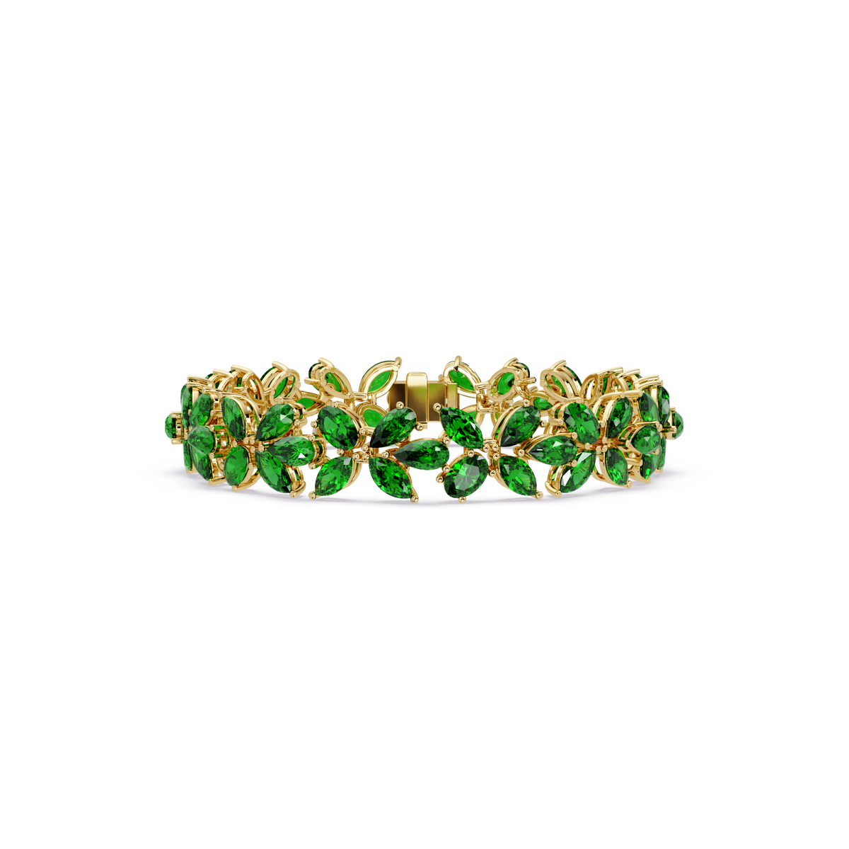 Mixed-shape emerald green colorstone tennis bracelet in yellow gold