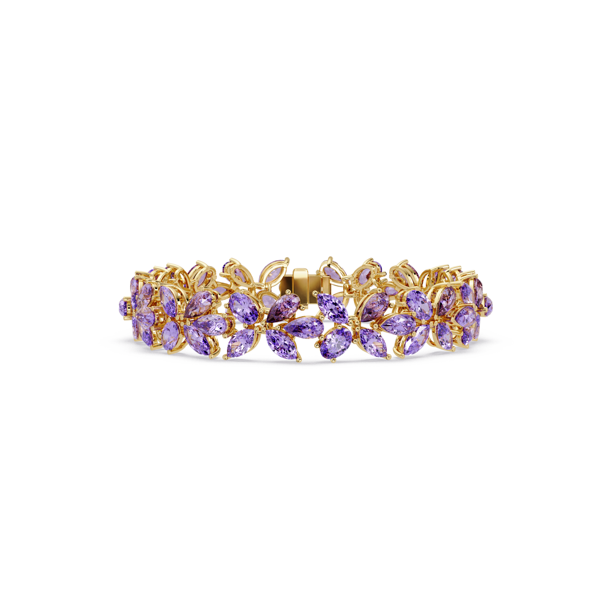 Mixed-shape amethyst purple colorstone tennis bracelet in yellow gold
