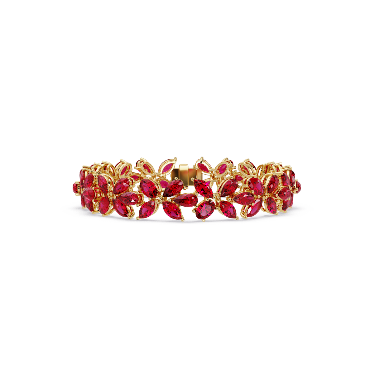 Mixed-shape ruby red colorstone tennis bracelet in yellow gold