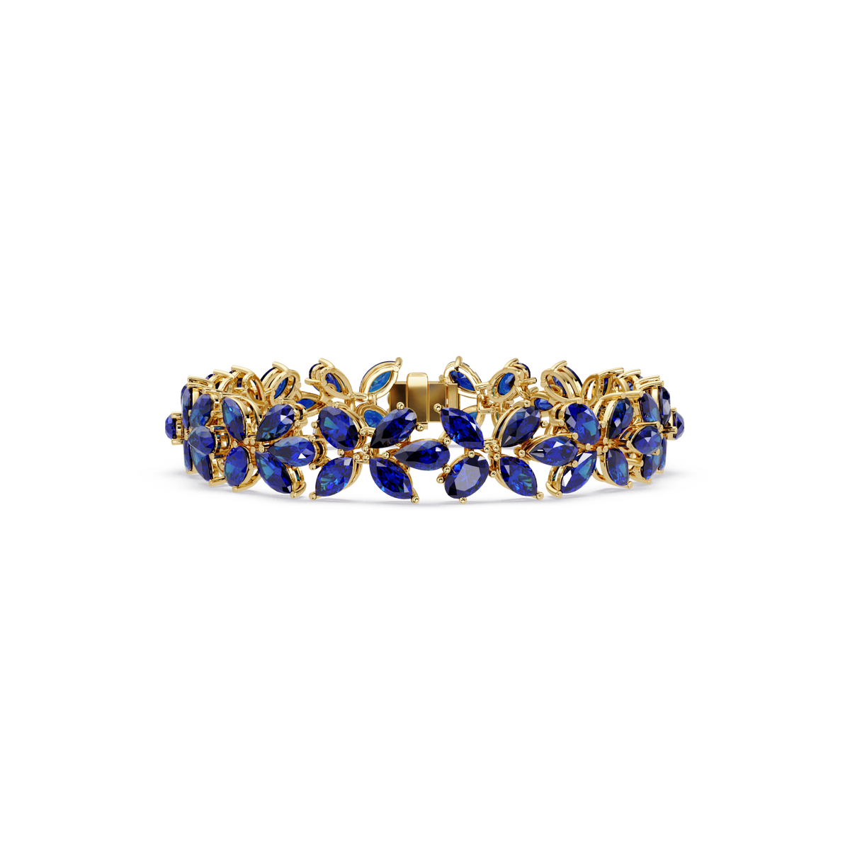 Mixed-shape sapphire blue colorstone tennis bracelet in yellow gold