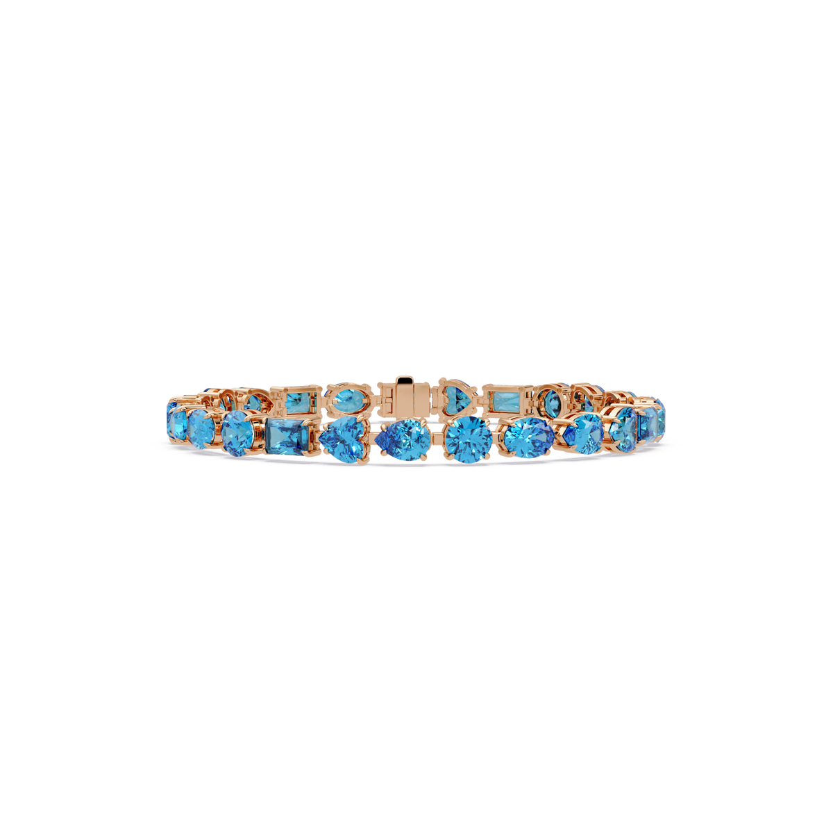 Mixed-shape aquamarine blue colorstone tennis bracelet in rose gold