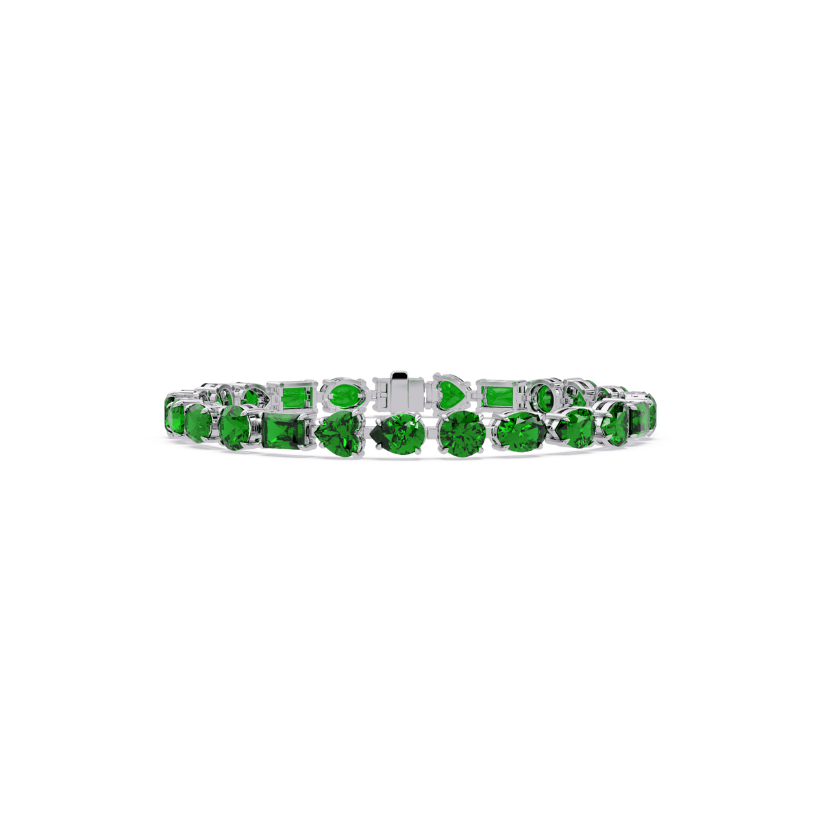 Mixed-shape emerald green colorstone tennis bracelet in white gold