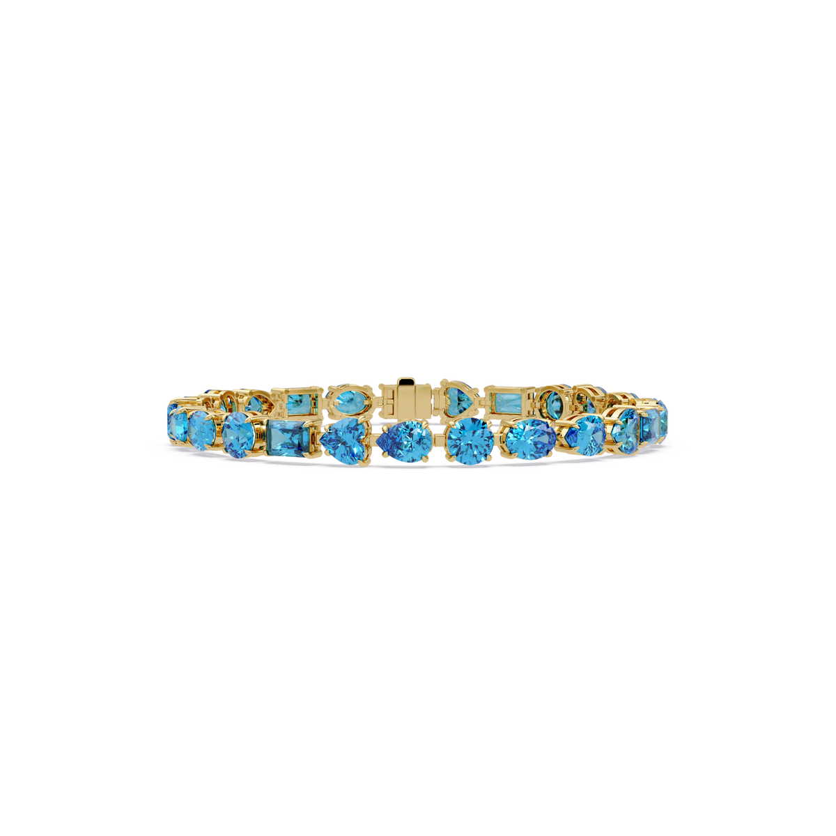 Mixed-shape aquamarine blue colorstone tennis bracelet in yellow gold