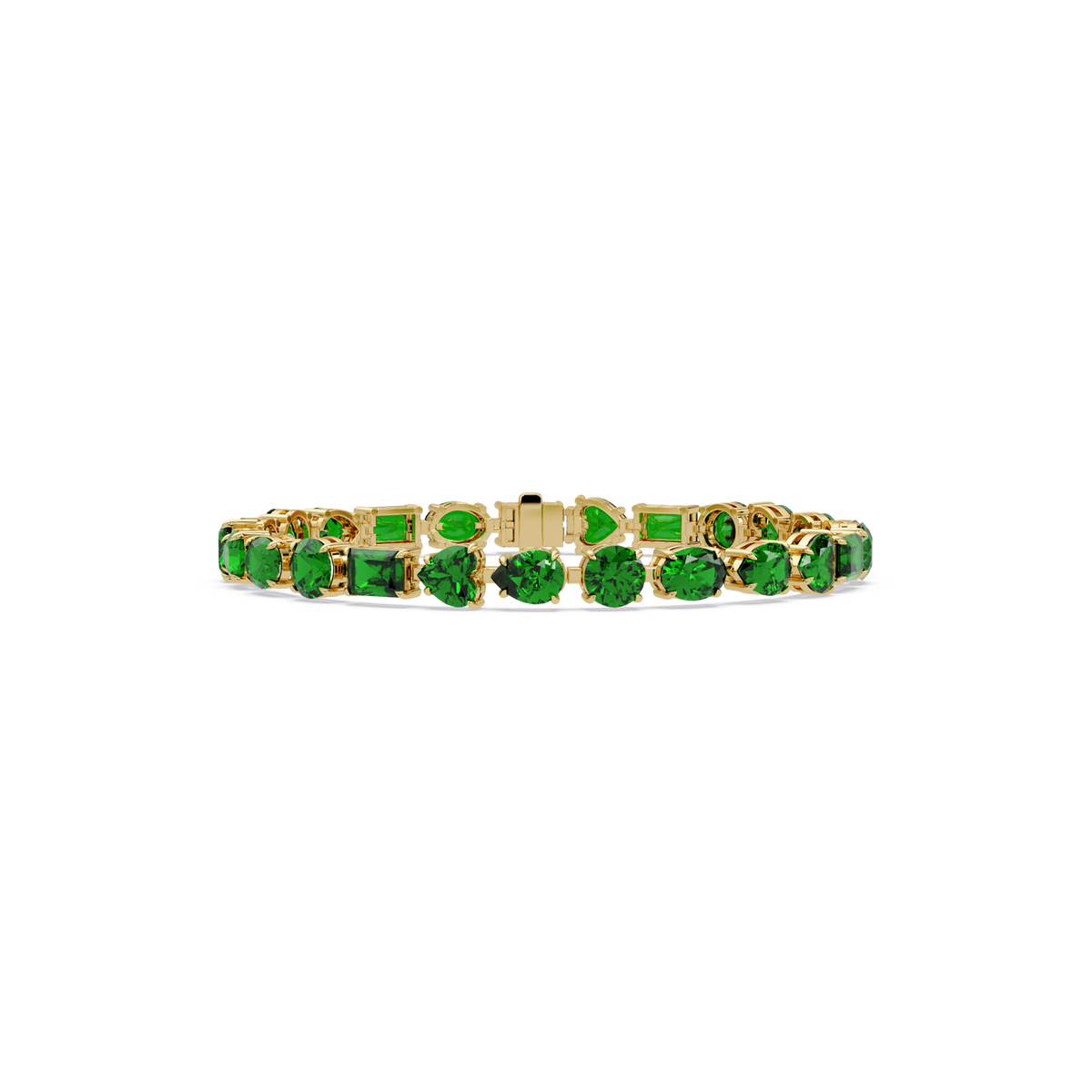 Mixed-shape emerald green colorstone tennis bracelet in yellow gold