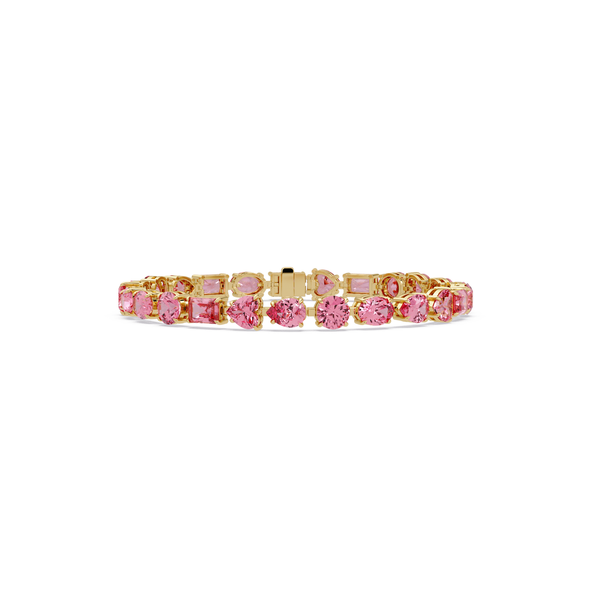 Mixed-shape tourmaline pink colorstone tennis bracelet in yellow gold