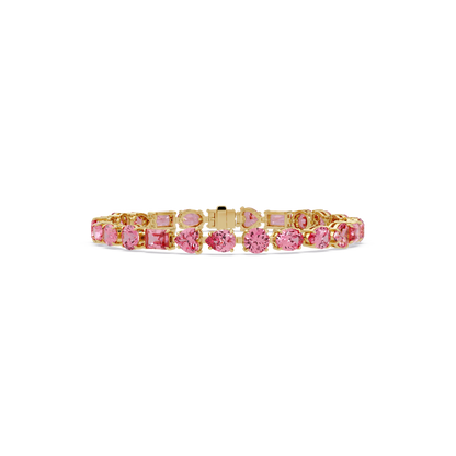 Mixed-shape tourmaline pink colorstone tennis bracelet in yellow gold