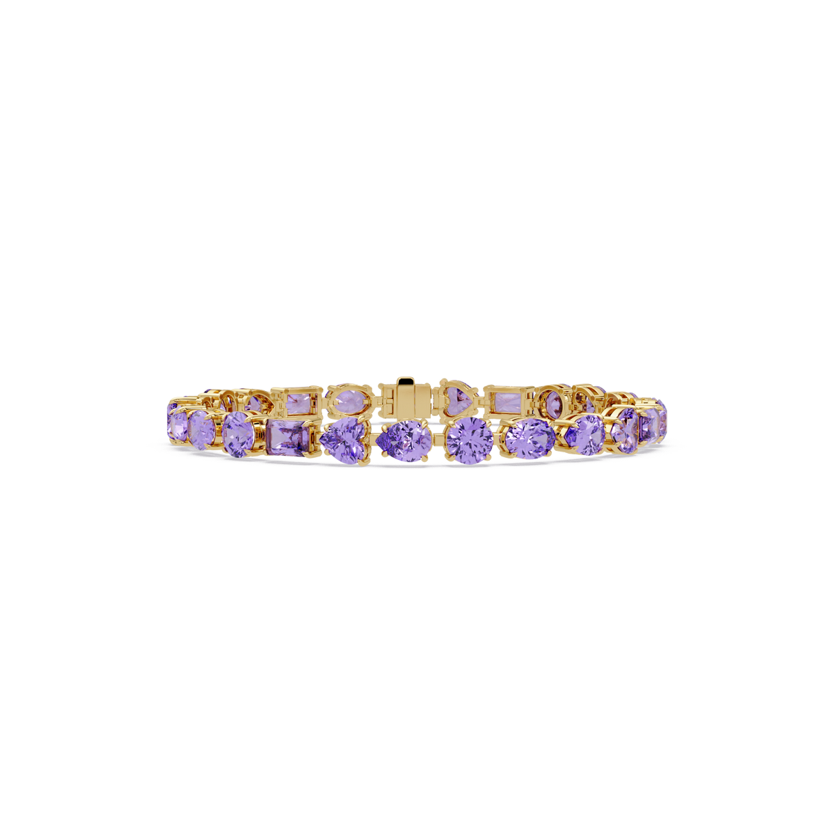 Mixed-shape amethyst purple colorstone tennis bracelet in yellow gold