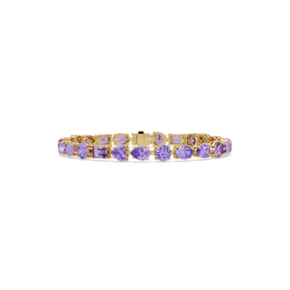 Mixed-shape amethyst purple colorstone tennis bracelet in yellow gold
