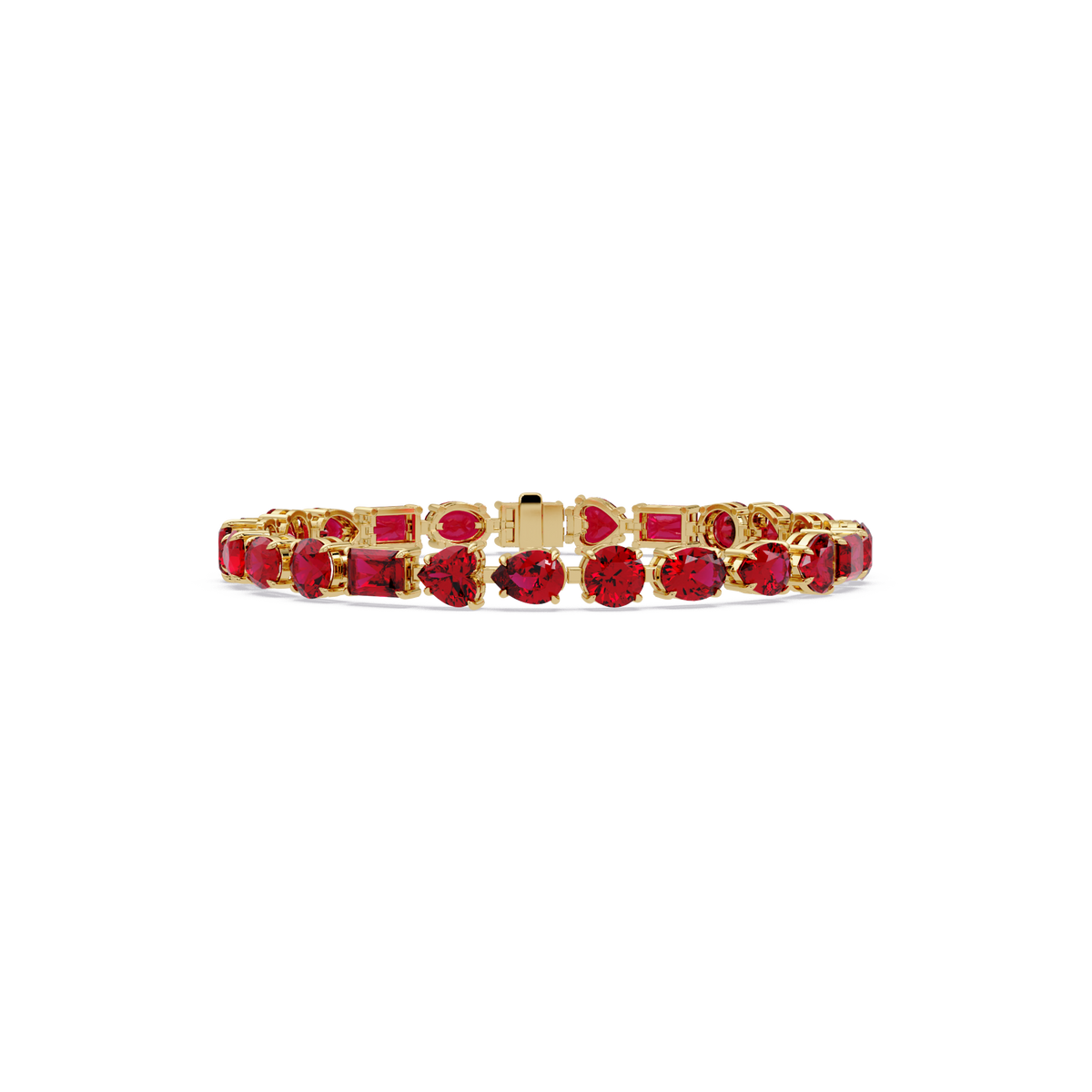 Mixed-shape ruby red colorstone tennis bracelet in yellow gold