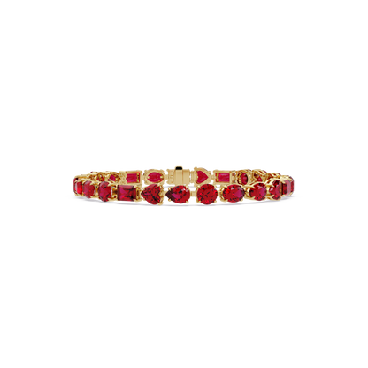 Mixed-shape ruby red colorstone tennis bracelet in yellow gold