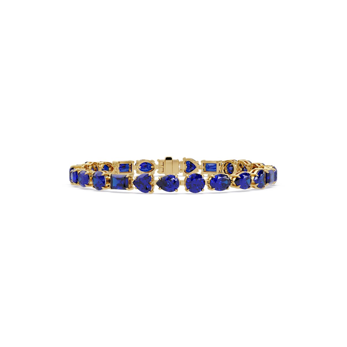 Mixed-shape sapphire blue colorstone tennis bracelet in yellow gold