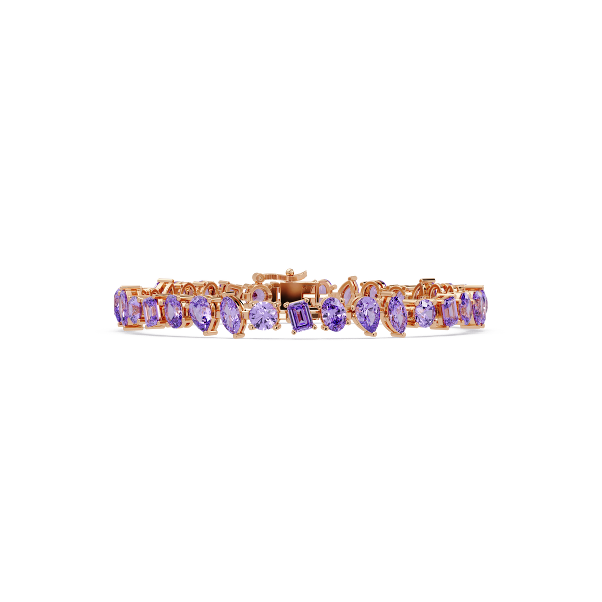 Oval, emerald, marquise, pear and round amethyst purple colorstone tennis bracelet in rose gold