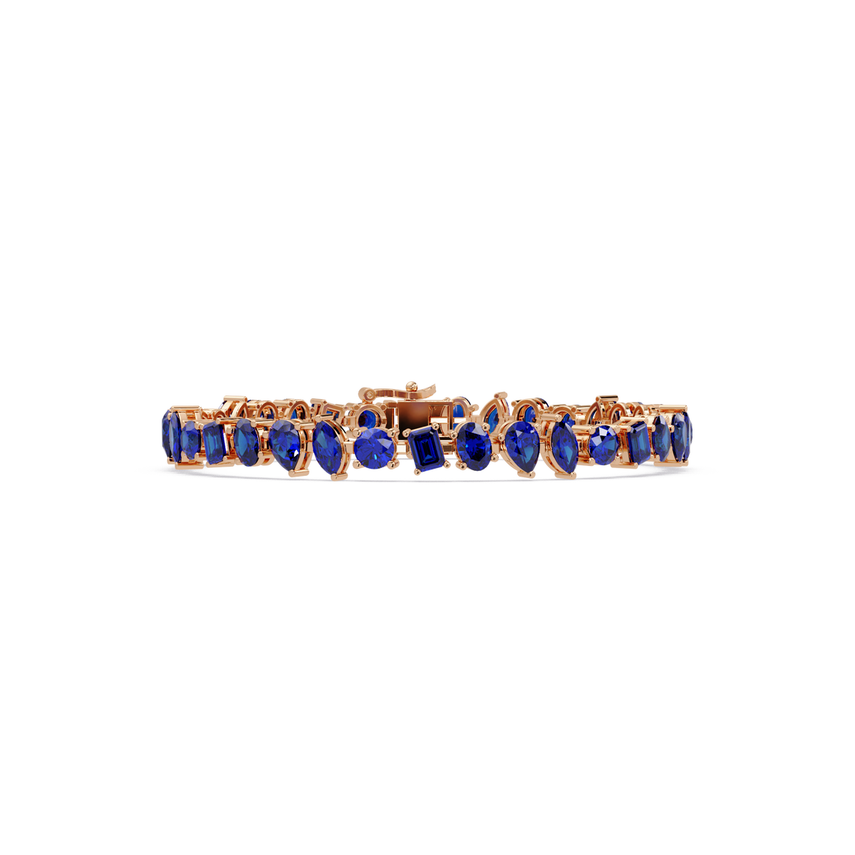 Oval, emerald, marquise, pear and round sapphire blue colorstone tennis bracelet in rose gold