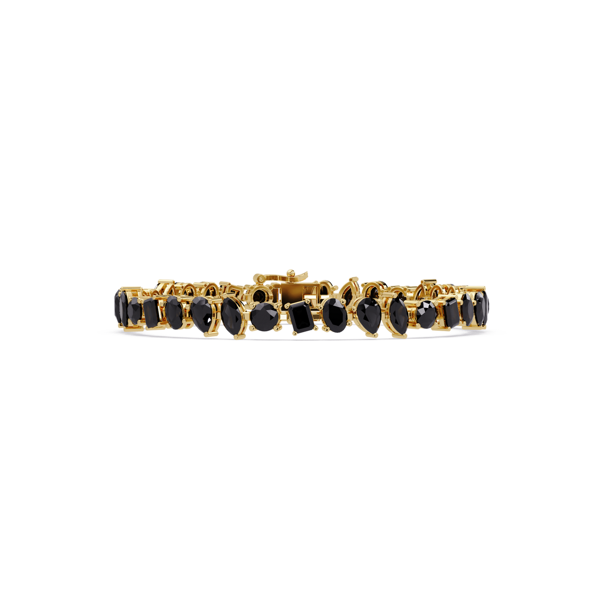 Oval, emerald, marquise, pear and round onyx colorstone tennis bracelet in yellow gold