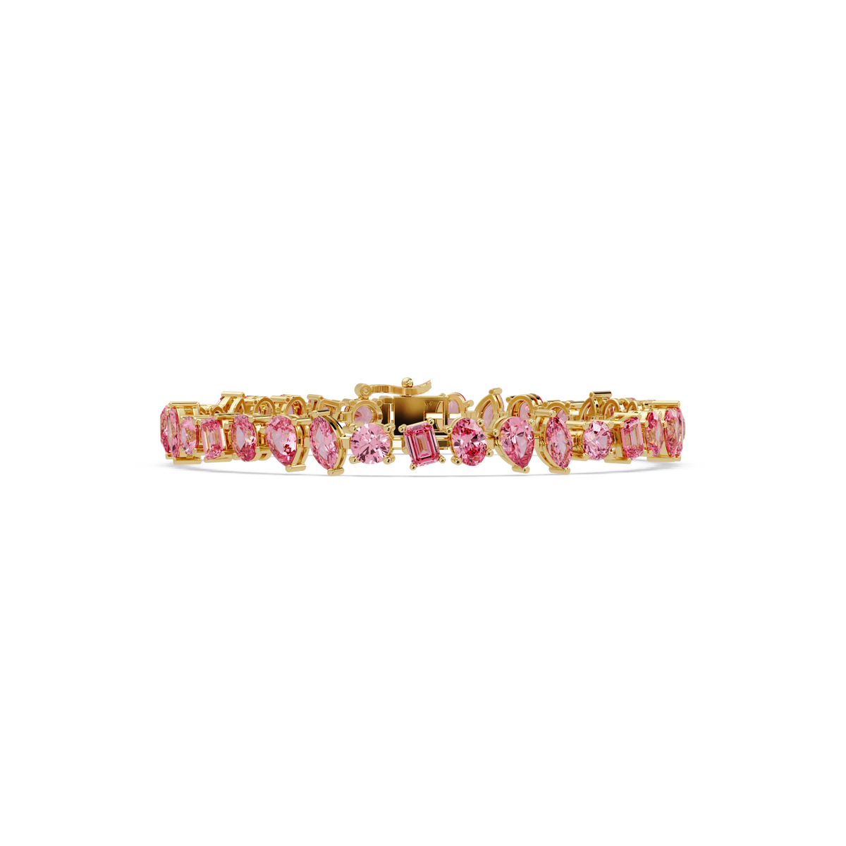 Oval, emerald, marquise, pear and round tourmaline pink colorstone tennis bracelet in yellow gold