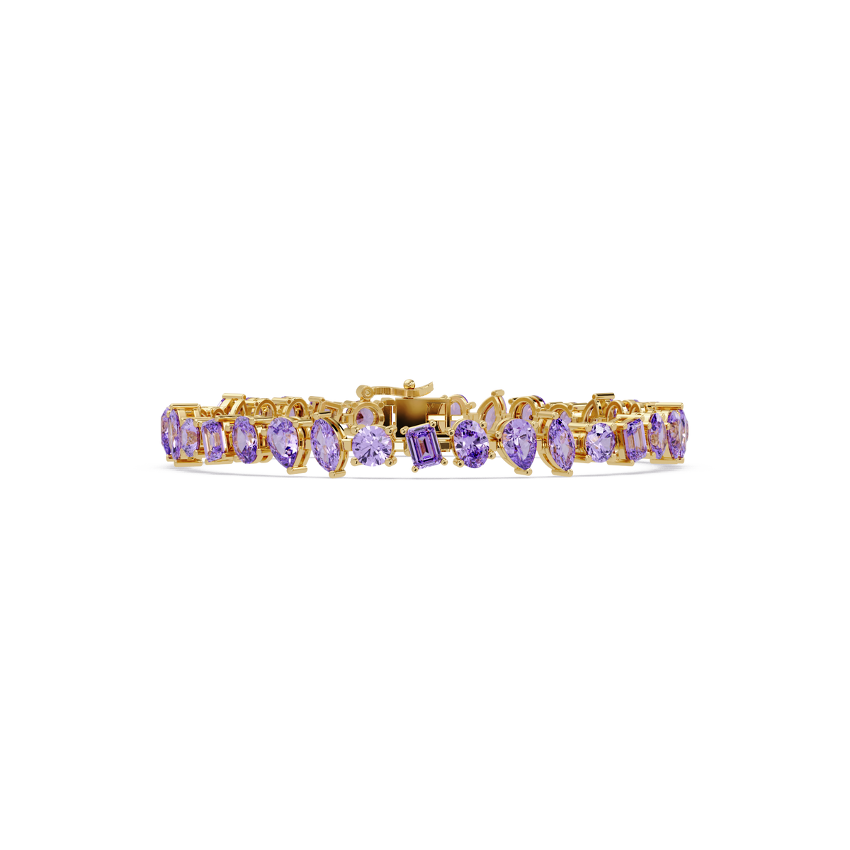 Oval, emerald, marquise, pear and round amethyst purple colorstone tennis bracelet in yellow gold