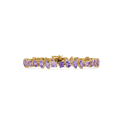 Oval, emerald, marquise, pear and round amethyst purple colorstone tennis bracelet in yellow gold