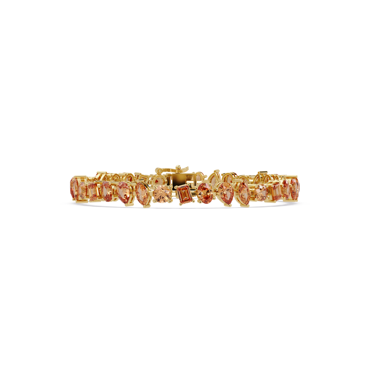 Oval, emerald, marquise, pear and round champagne topaz colorstone tennis bracelet in yellow gold