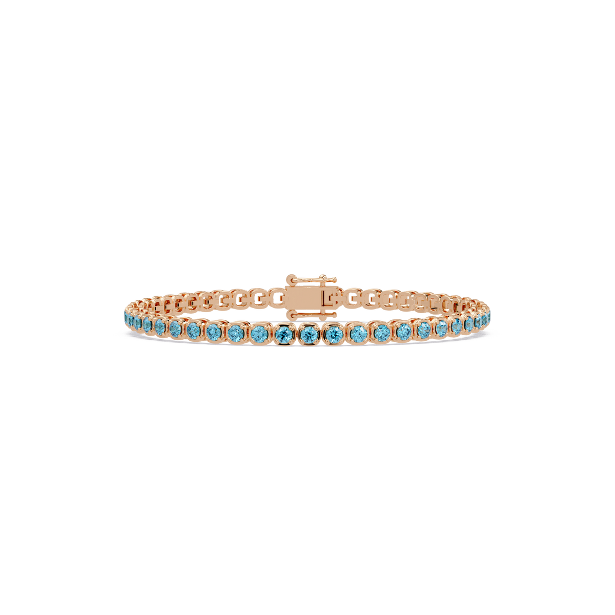 Round aquamarine blue colorstone tennis bracelet in rose gold