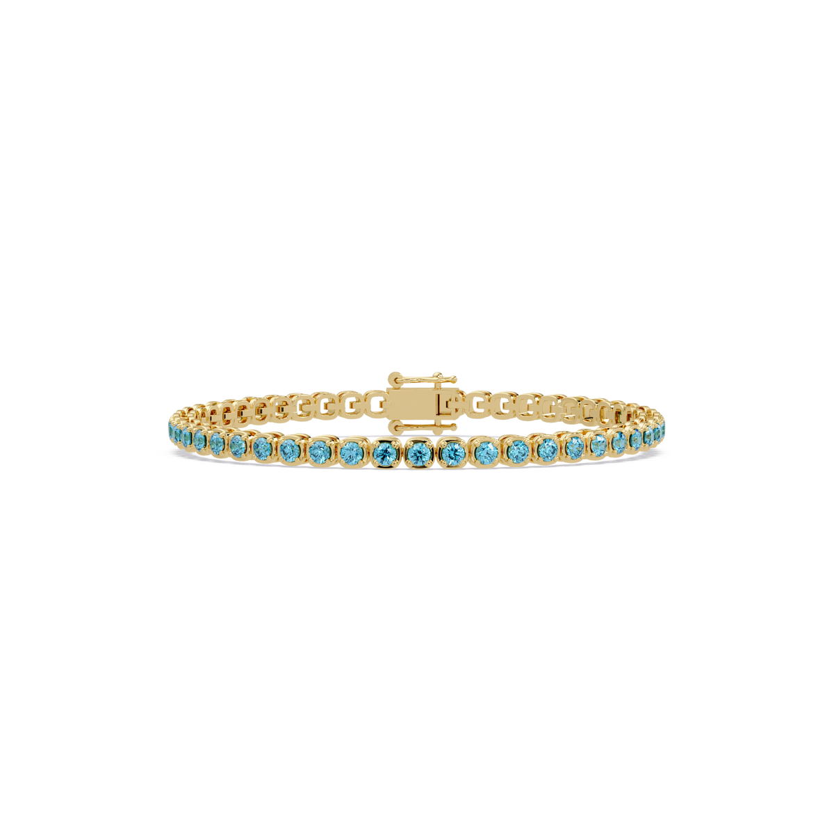 Round aquamarine blue colorstone tennis bracelet in yellow gold