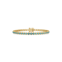 Round aquamarine blue colorstone tennis bracelet in yellow gold