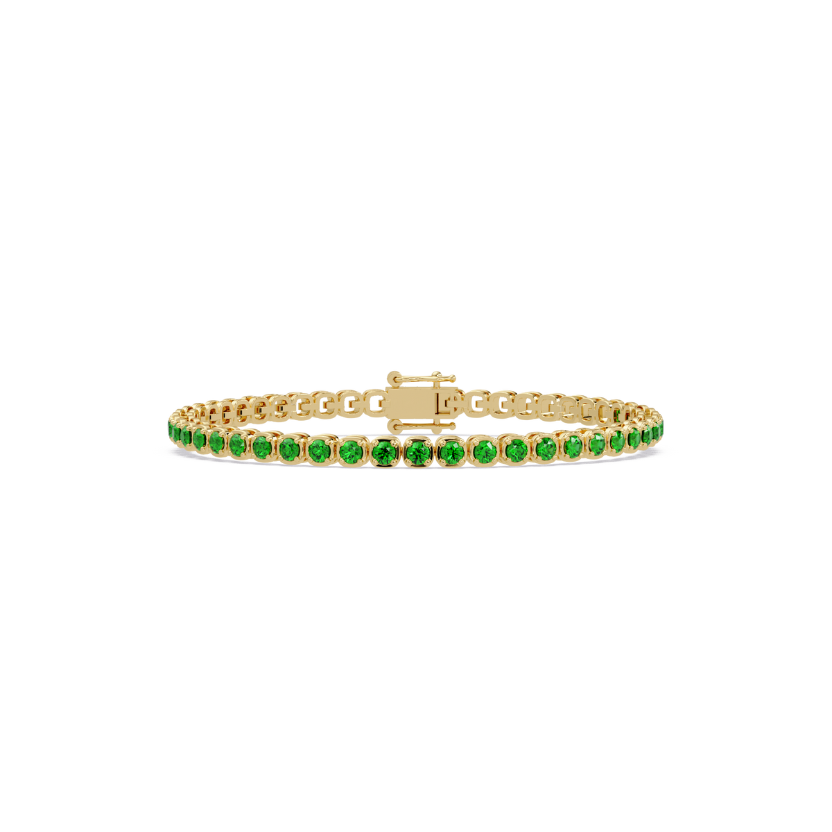 Round emerald green colorstone tennis bracelet in yellow gold