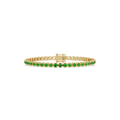 Round emerald green colorstone tennis bracelet in yellow gold