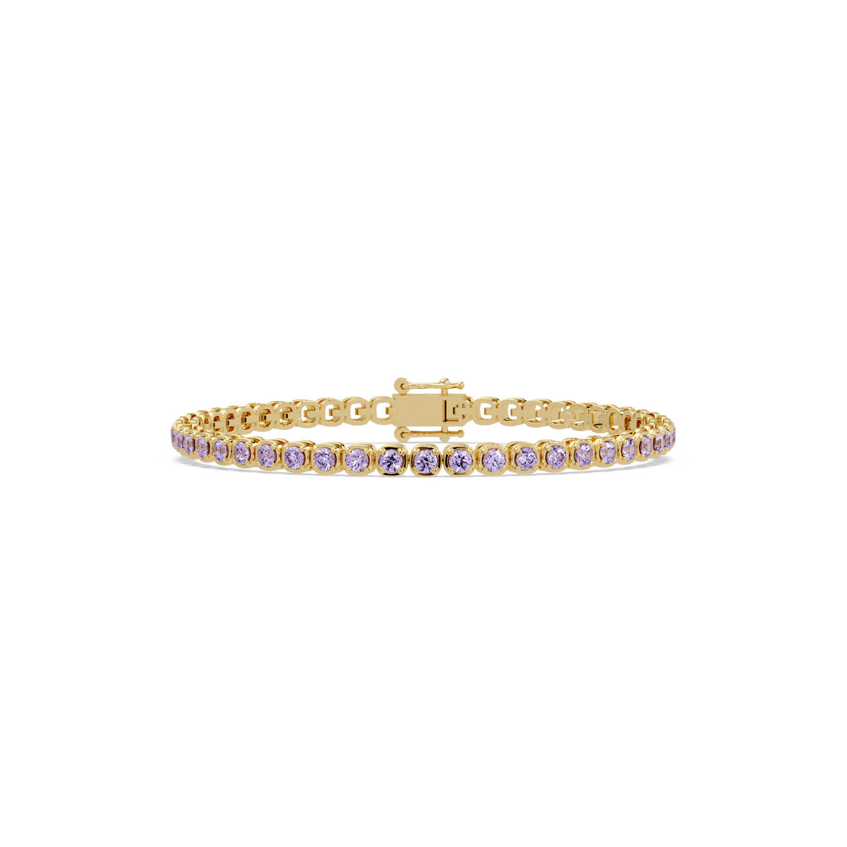 Round amethyst purple colorstone tennis bracelet in yellow gold