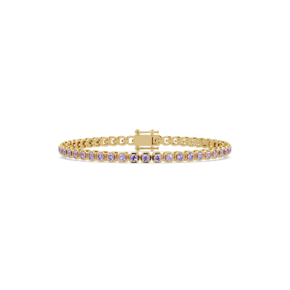 Round amethyst purple colorstone tennis bracelet in yellow gold