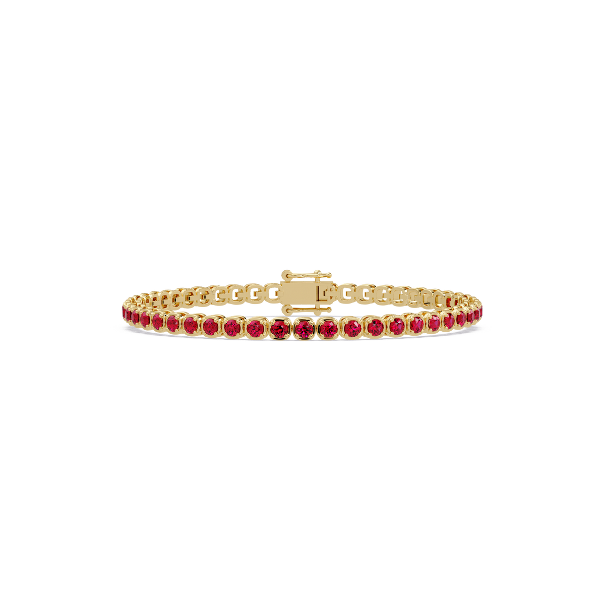 Round ruby red colorstone tennis bracelet in yellow gold