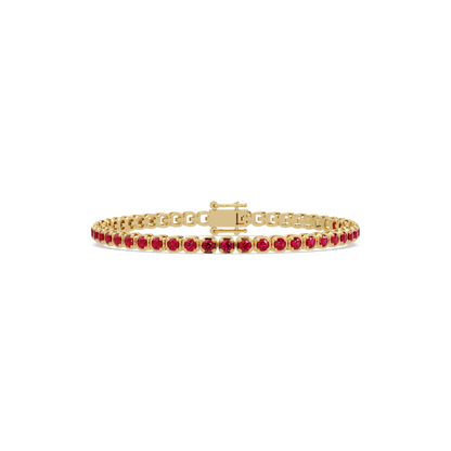 Round ruby red colorstone tennis bracelet in yellow gold