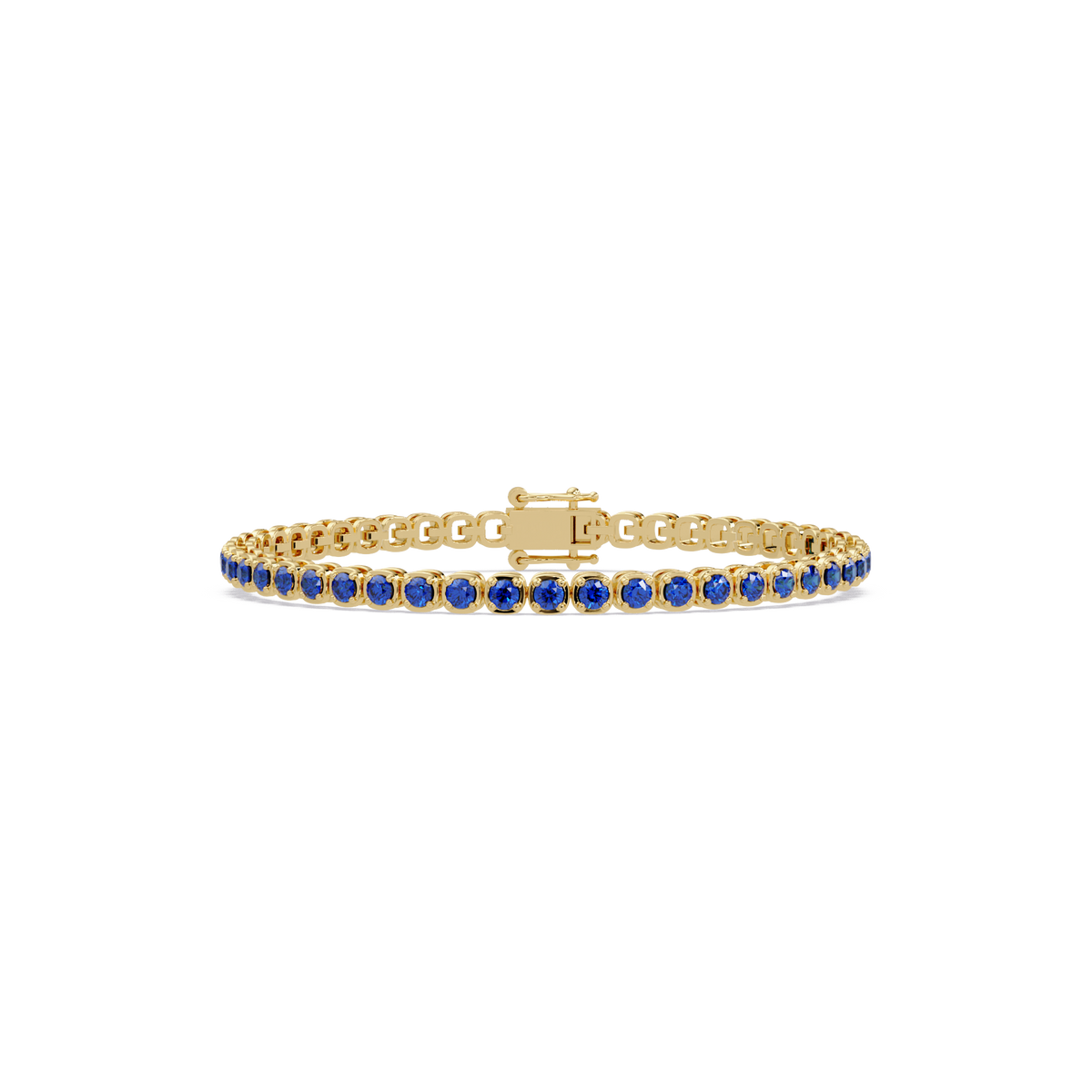 Round sapphire blue colorstone tennis bracelet in yellow gold