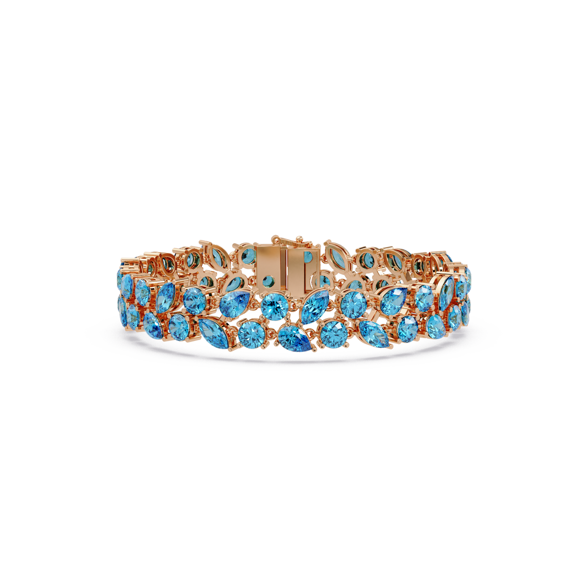 Three-row round, marquise and pear aquamarine blue colorstone tennis bracelet in rose gold