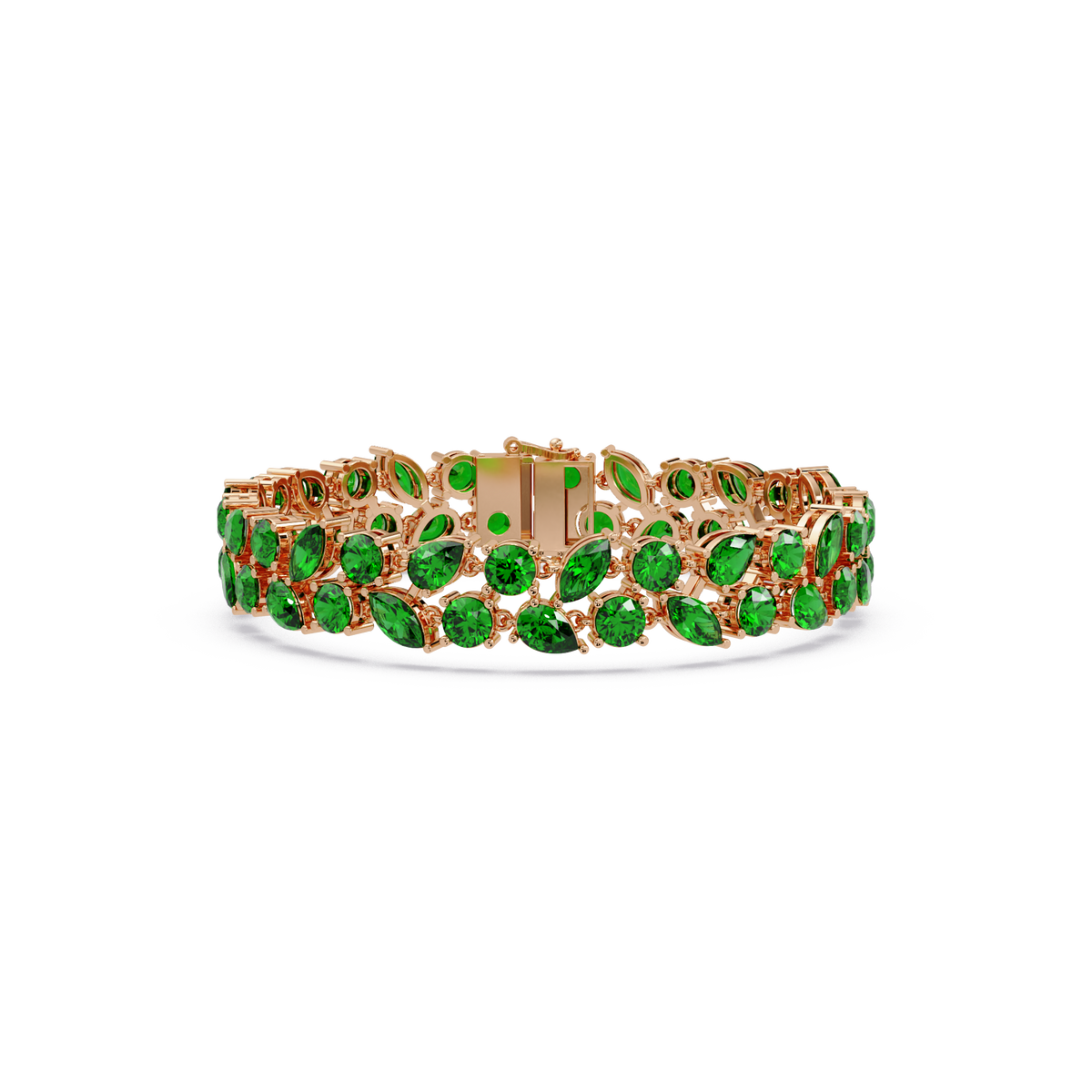 Three-row round, marquise and pear emerald green colorstone tennis bracelet in rose gold