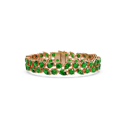 Three-row round, marquise and pear emerald green colorstone tennis bracelet in rose gold