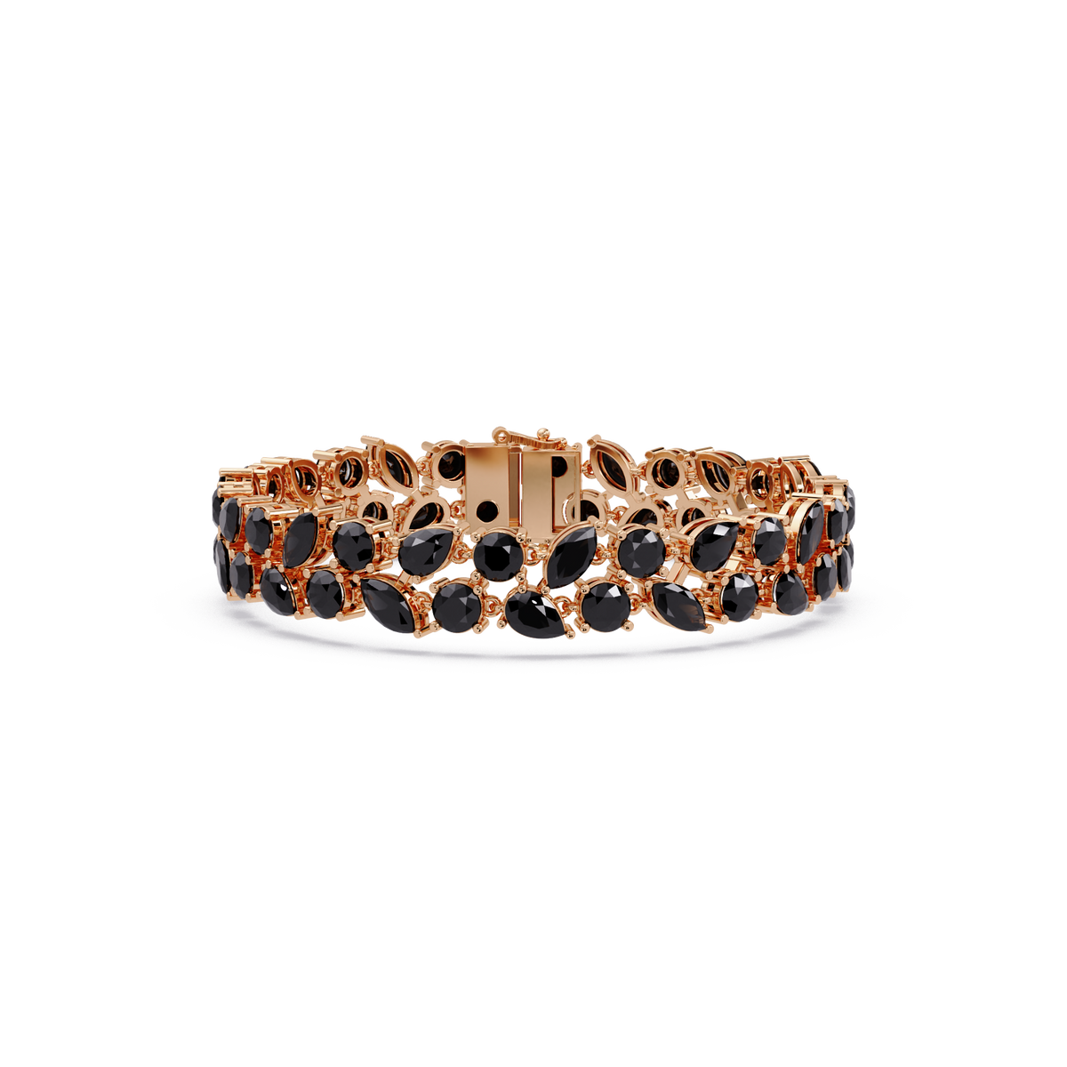 Three-row round, marquise and pear onyx colorstone tennis bracelet in rose gold