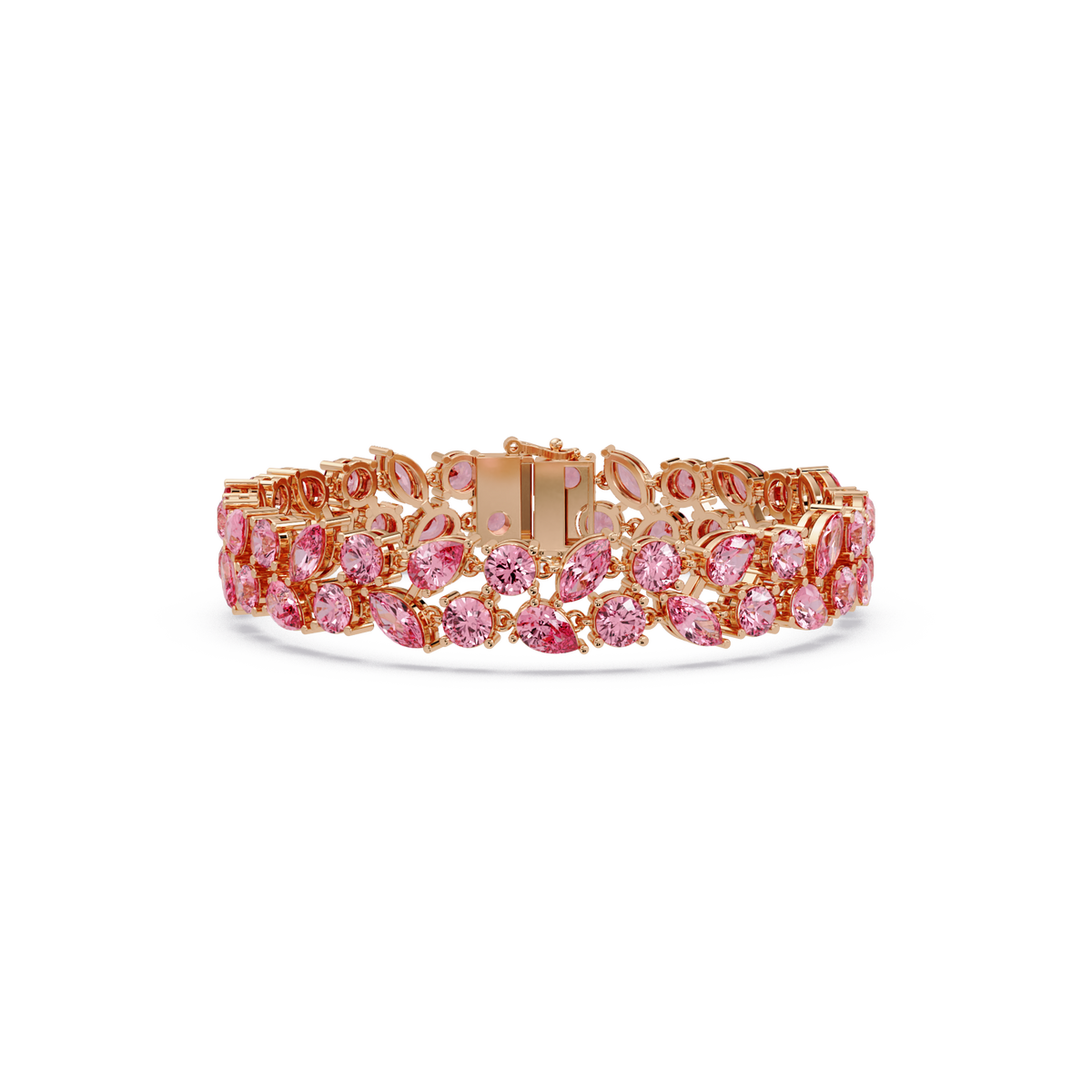 Three-row round, marquise and pear tourmaline pink colorstone tennis bracelet in rose gold