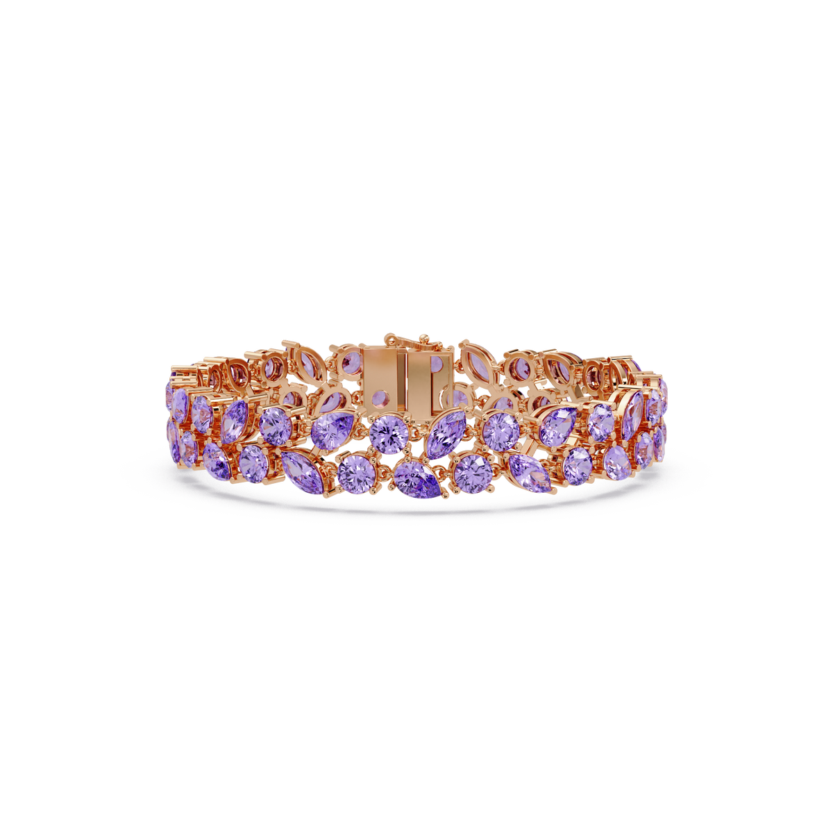 Three-row round, marquise and pear amethyst purple colorstone tennis bracelet in rose gold