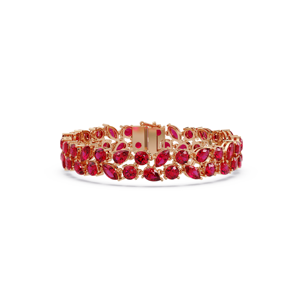 Three-row round, marquise and pear ruby red colorstone tennis bracelet in rose gold