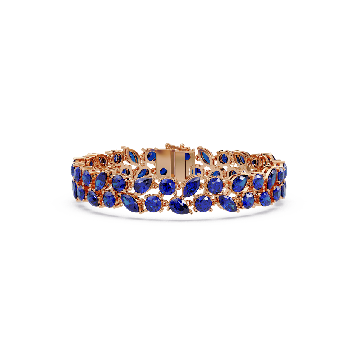 Three-row round, marquise and pear sapphire blue colorstone tennis bracelet in rose gold