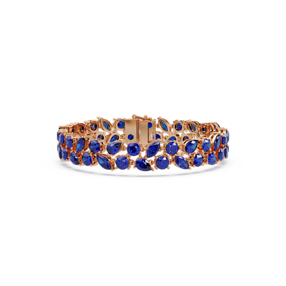 Three-row round, marquise and pear sapphire blue colorstone tennis bracelet in rose gold