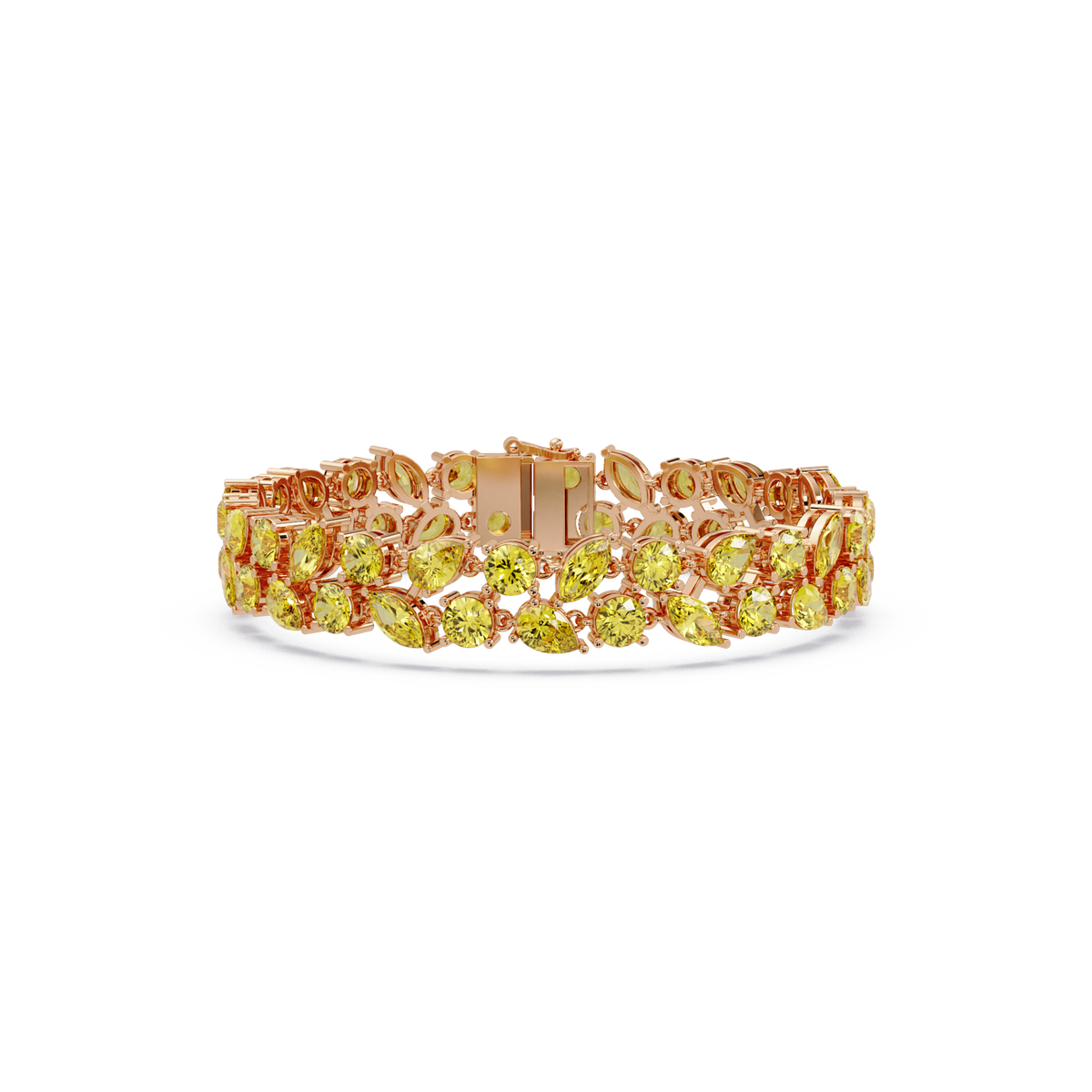 Three-row round, marquise and pear citrine yellow colorstone tennis bracelet in rose gold