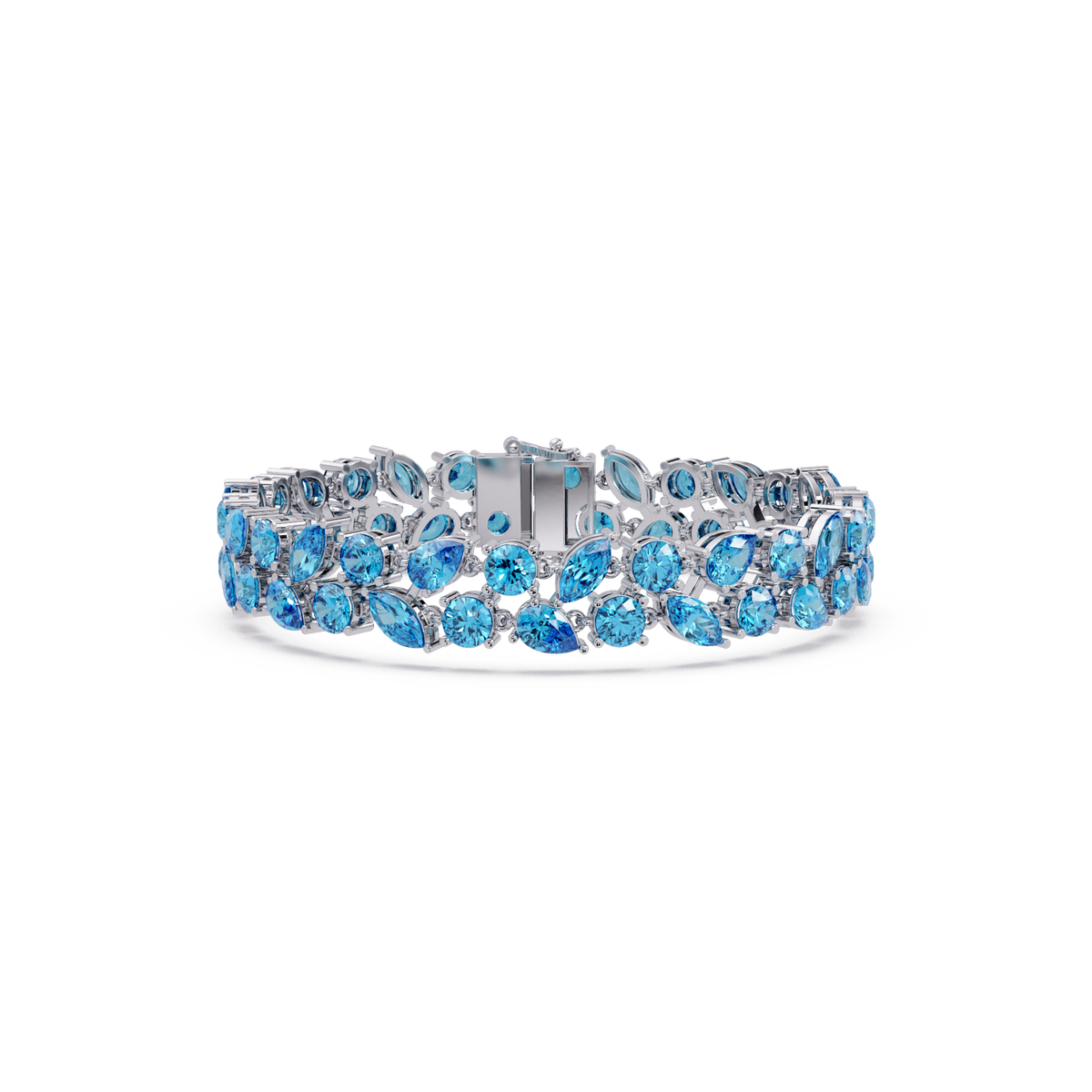 Three-row round, marquise and pear aquamarine blue colorstone tennis bracelet in white gold