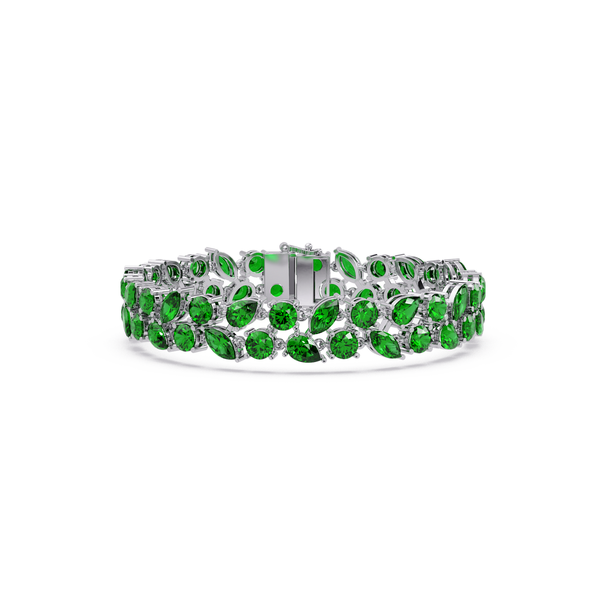 Three-row round, marquise and pear emerald green colorstone tennis bracelet in white gold