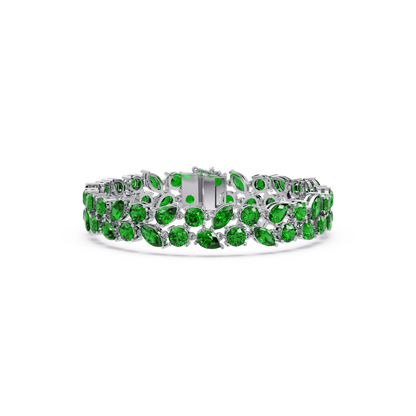 Three-row round, marquise and pear emerald green colorstone tennis bracelet in white gold